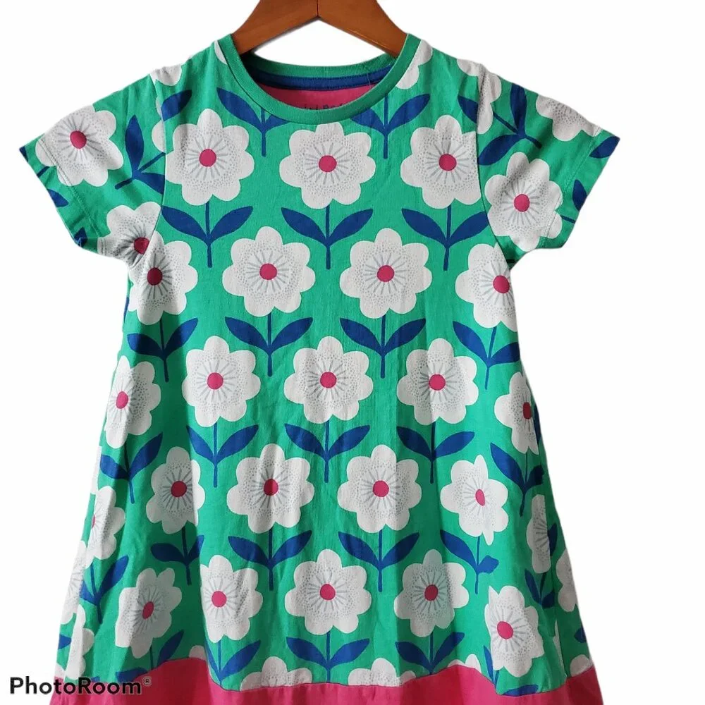 Mini Boden Little Girls Floral A-Line Pink‎ Green Jersey Cotton Shirt Dress 7-8Y